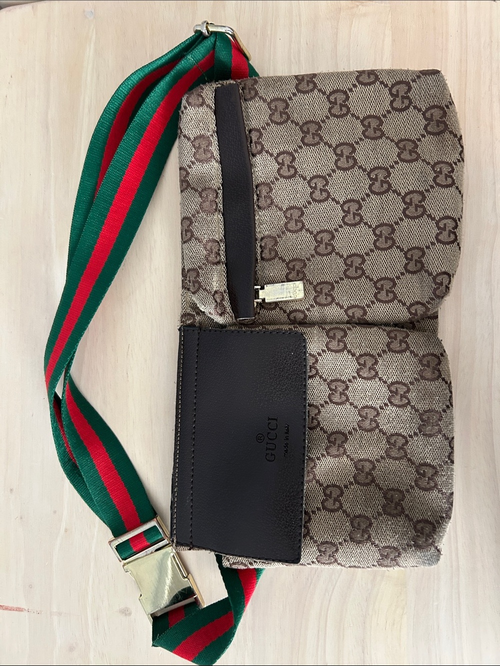 Gucci Brown Monogram Belt Bag with Green and Red Web Strap